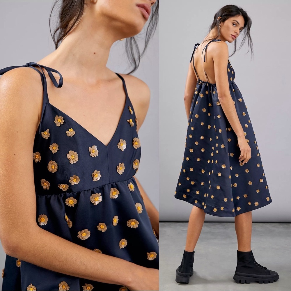 Dhruv Kapoor • Anthropologie Calysta Dress navy blue satin midi sequin floral - Picture 11 of 13